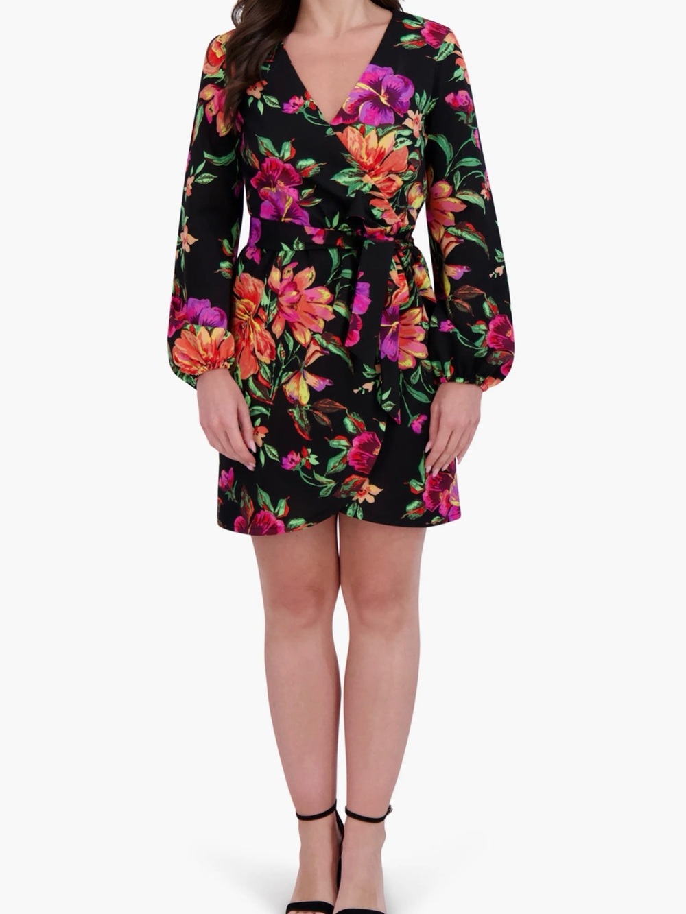 Siena Studio Black Floral Wrap Dress with Pink and Orange Blooms - Picture 2 of 11